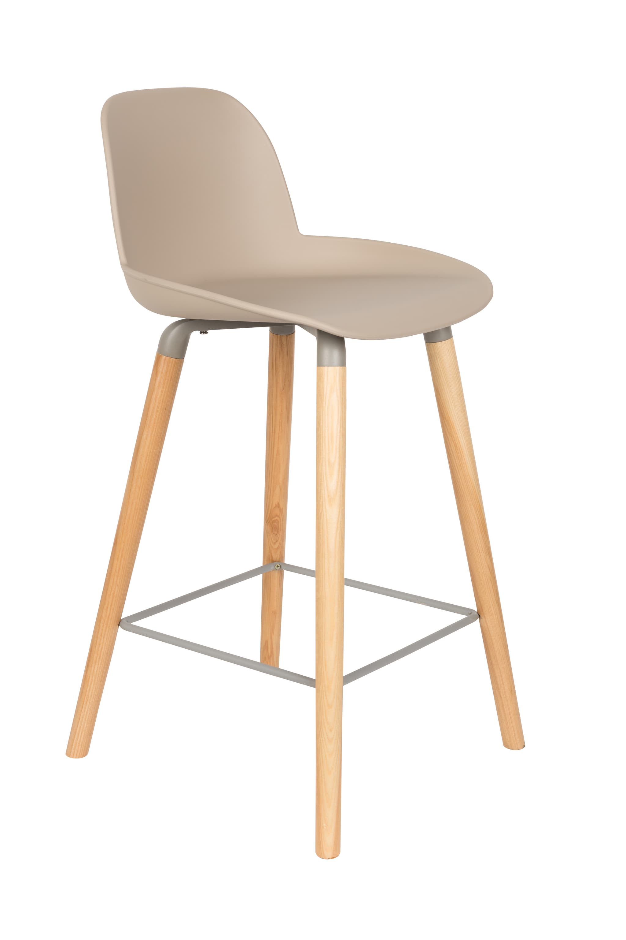 ZUIVER Albert Kuip barpall, med ryggstöd och fotstöd - taupe polypropen/naturlig ask (65cm)