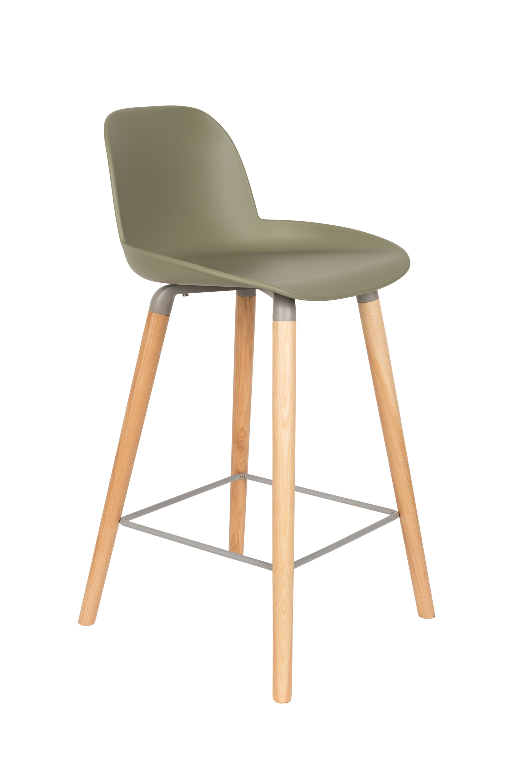 ZUIVER Albert Kuip barpall, med ryggstöd och fotstöd - grön polypropen/naturlig ask (65cm)