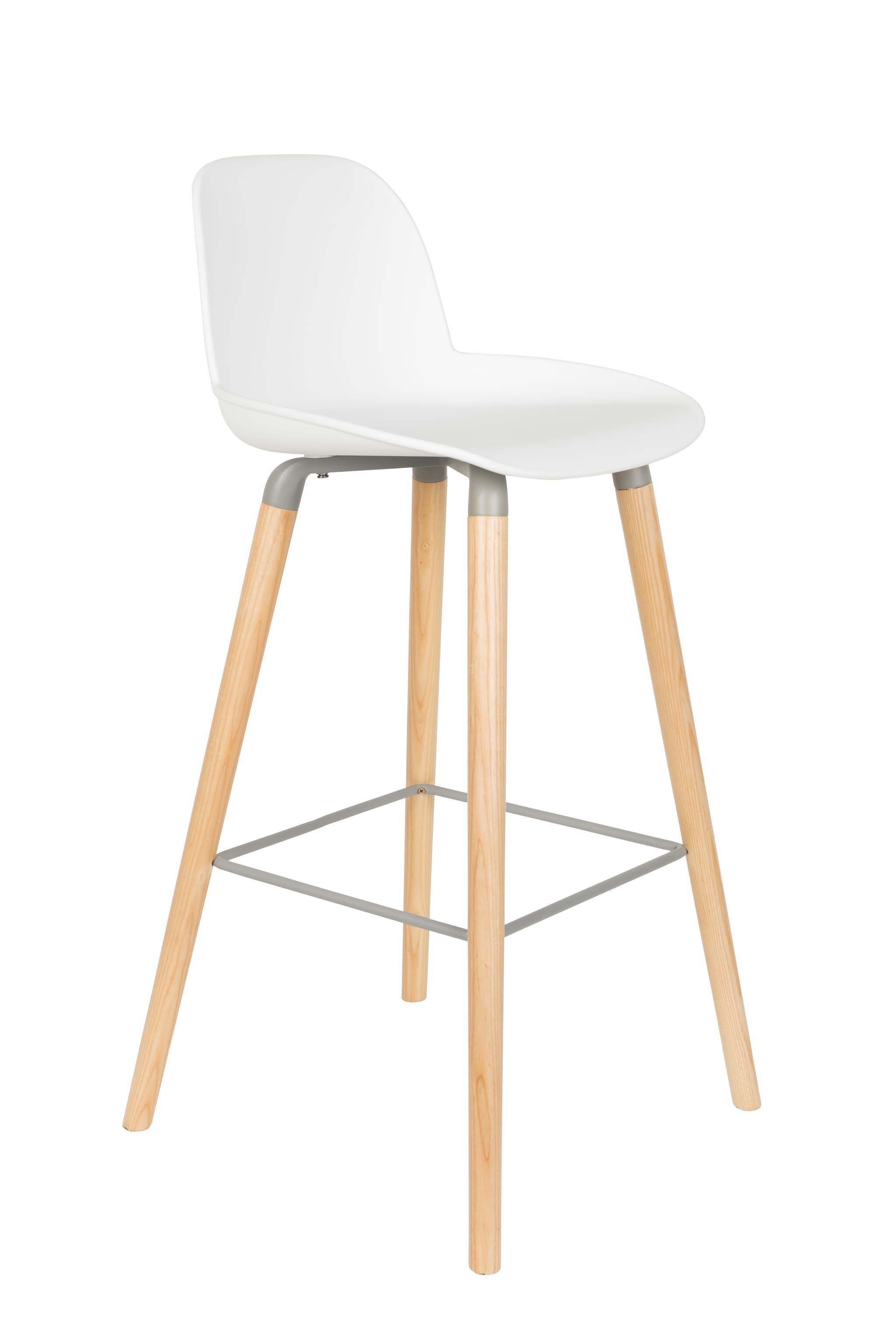 ZUIVER Albert Kuip barpall, med ryggstöd och fotstöd - vit polypropen/naturlig ask (75cm)