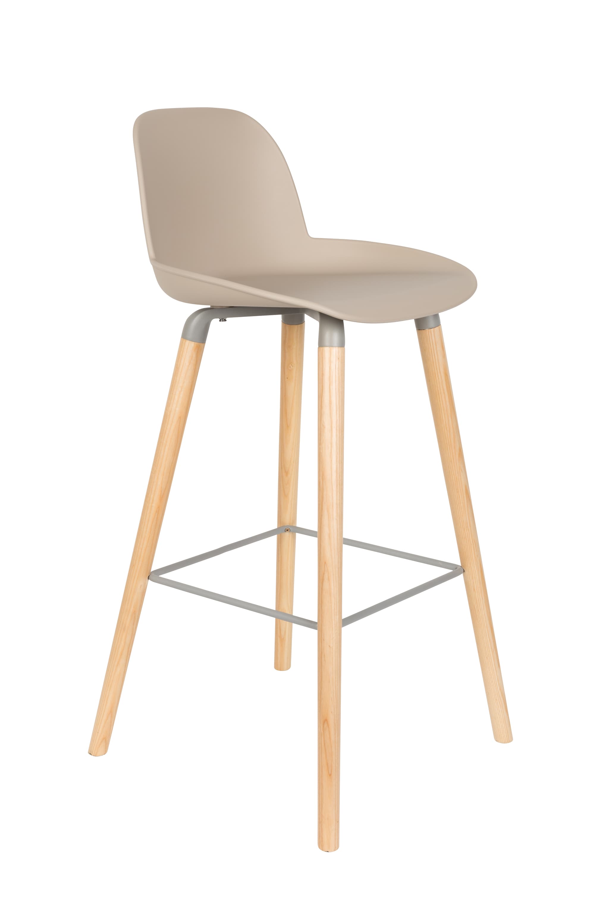 ZUIVER Albert Kuip barpall, med ryggstöd och fotstöd - taupe polypropen/naturlig ask (75cm)