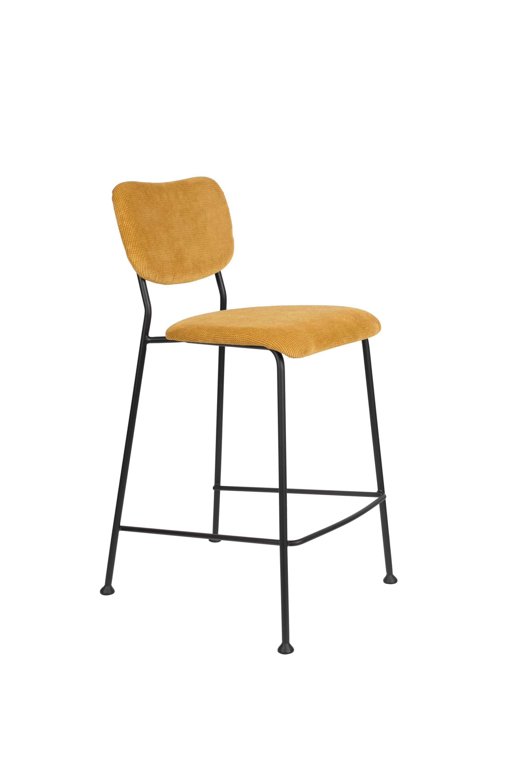 ZUIVER Benson barstol, med ryggstöd och fotstöd - ockragul sammetspolyester/nylon och svart stål (64,5 cm)