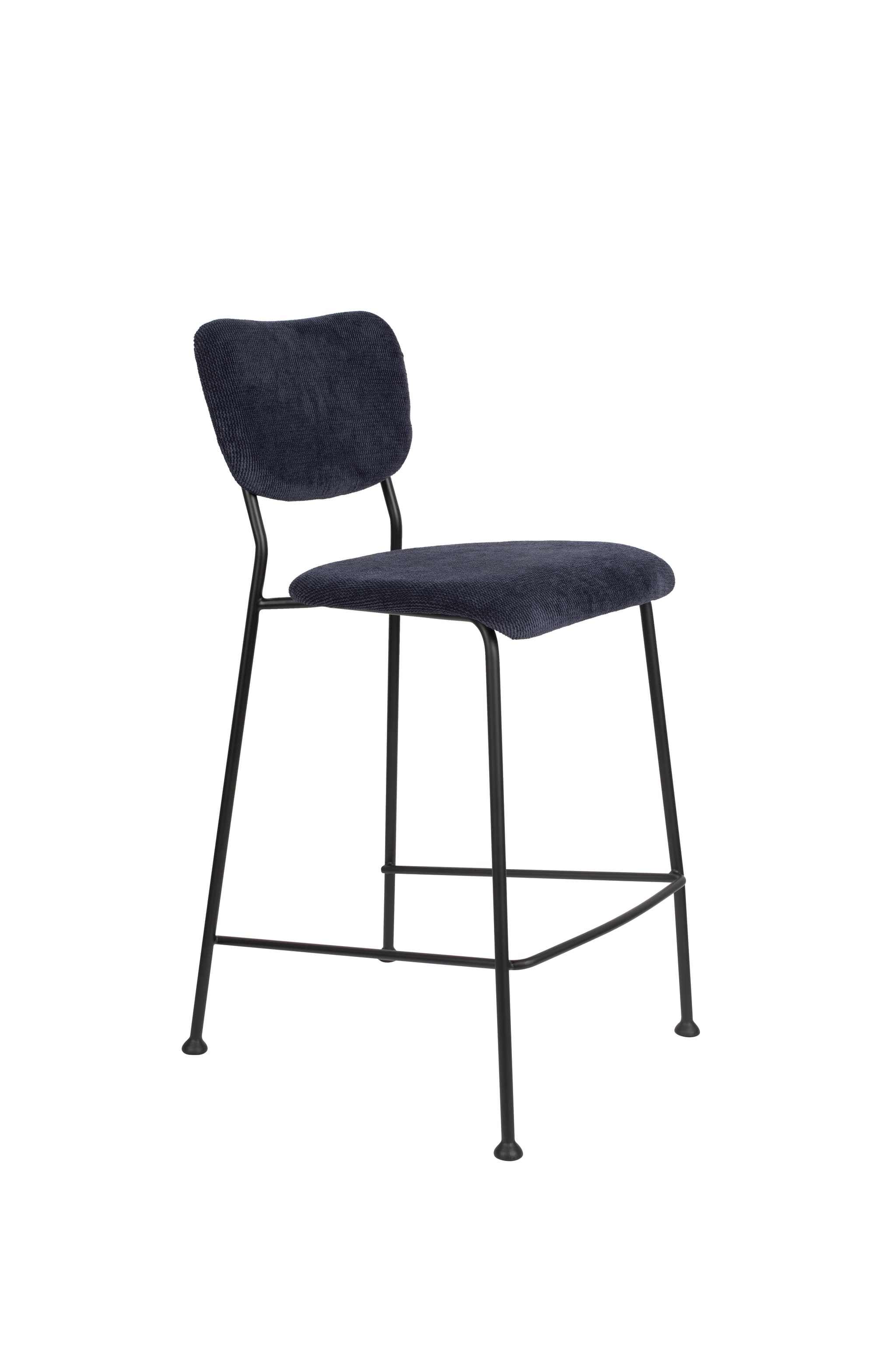 ZUIVER Benson barpall, med ryggstöd och fotstöd - mörkblå sammetspolyester/nylon och svart stål (64,5 cm)