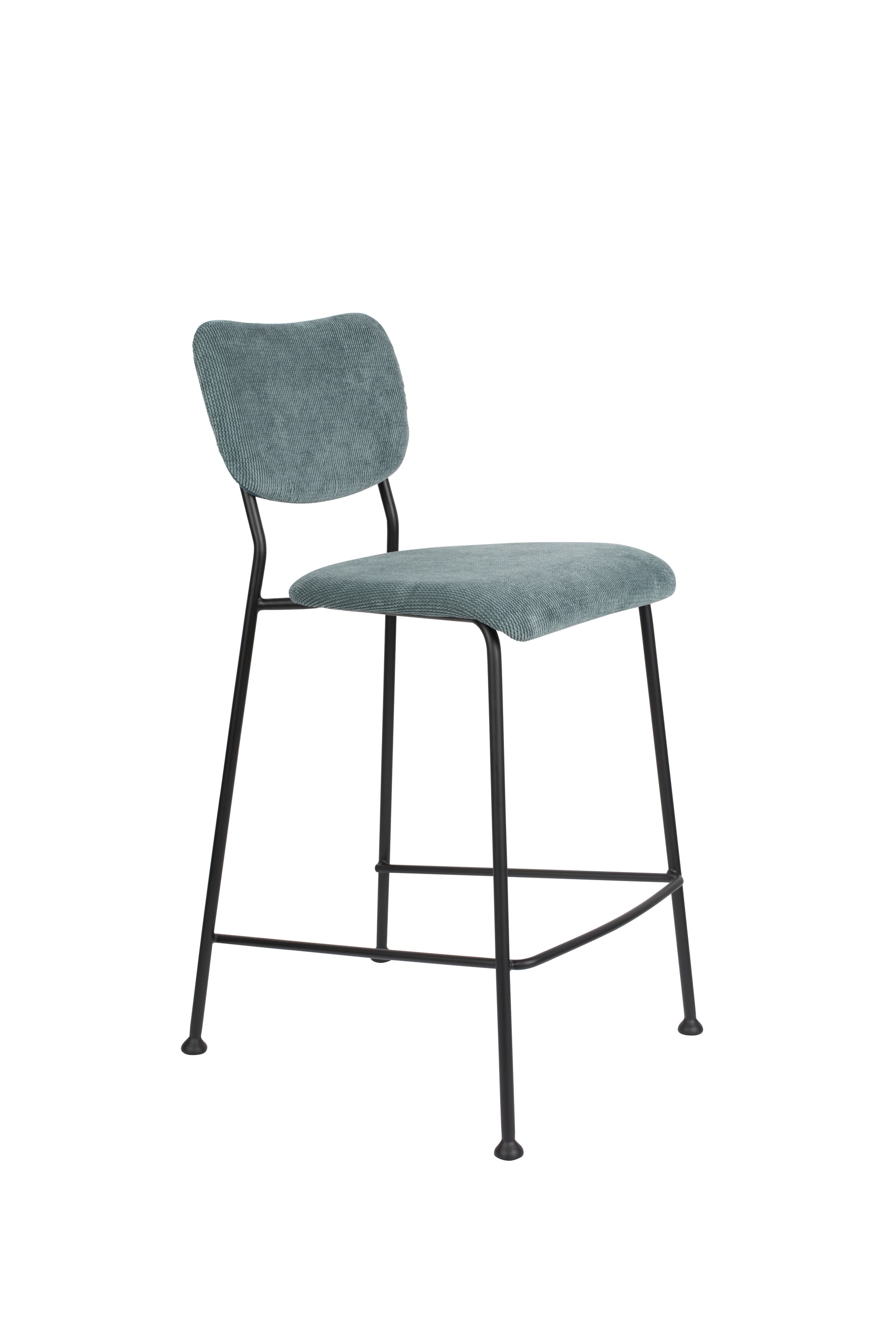 ZUIVER Benson barpall, med ryggstöd och fotstöd - gråblå sammetspolyester/nylon och svart stål (64,5 cm)