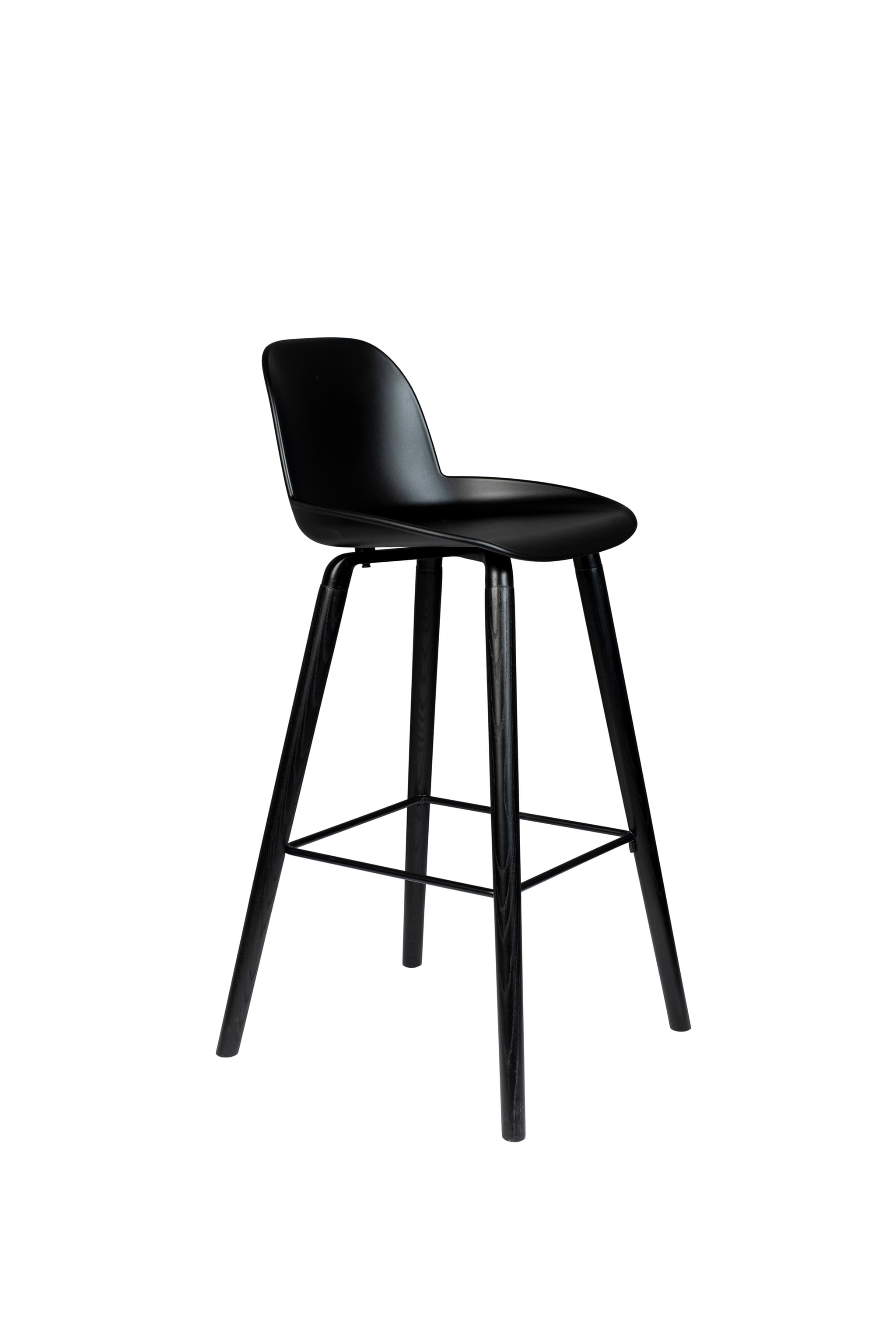 ZUIVER Albert Kuip barstol, med ryggstöd och fotstöd - svart polypropen och svart ask (75cm)