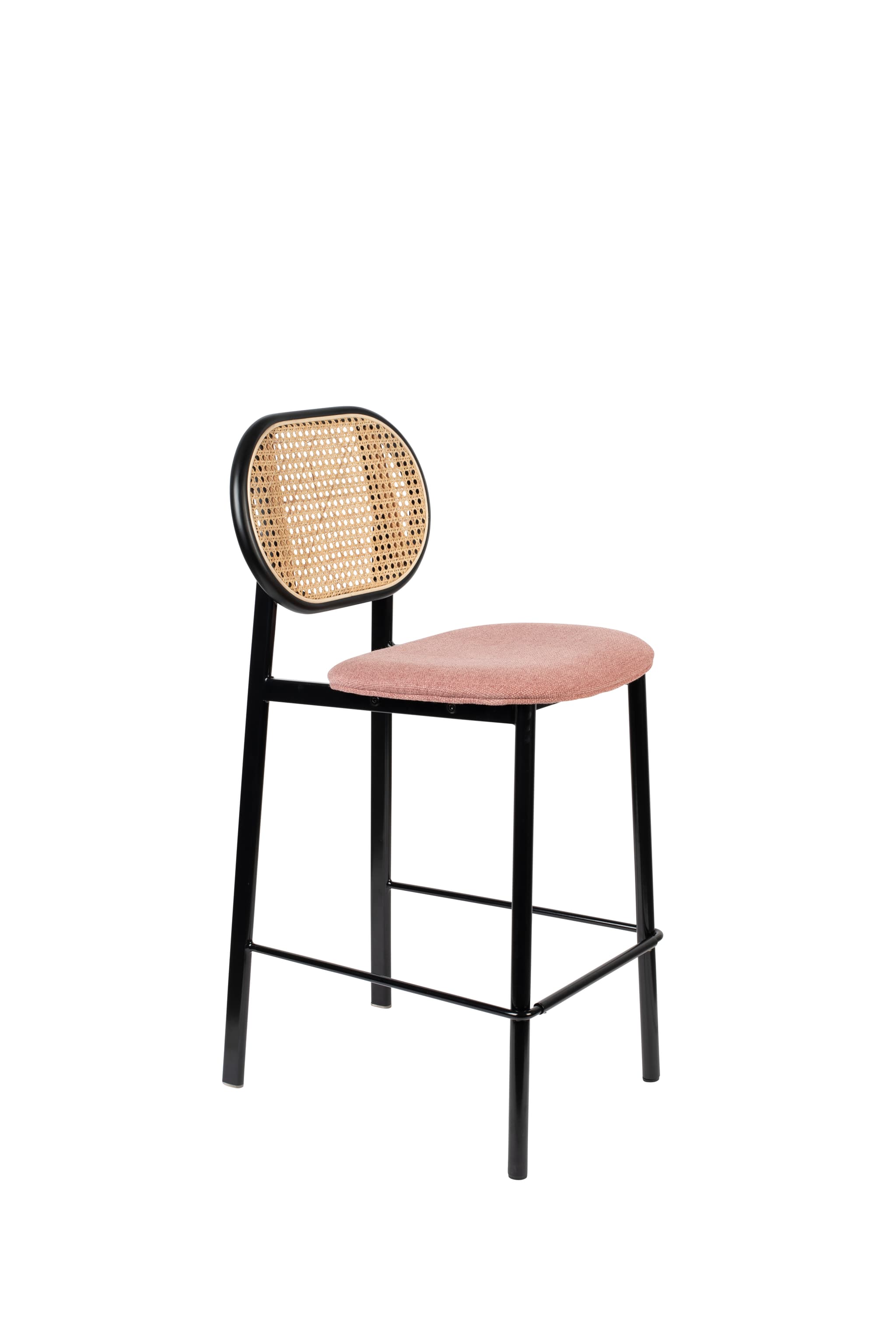 ZUIVER Spike barstol, med ryggstöd och fotstöd - naturlig rotting, rosa polyester och svart stål (64,5 cm)