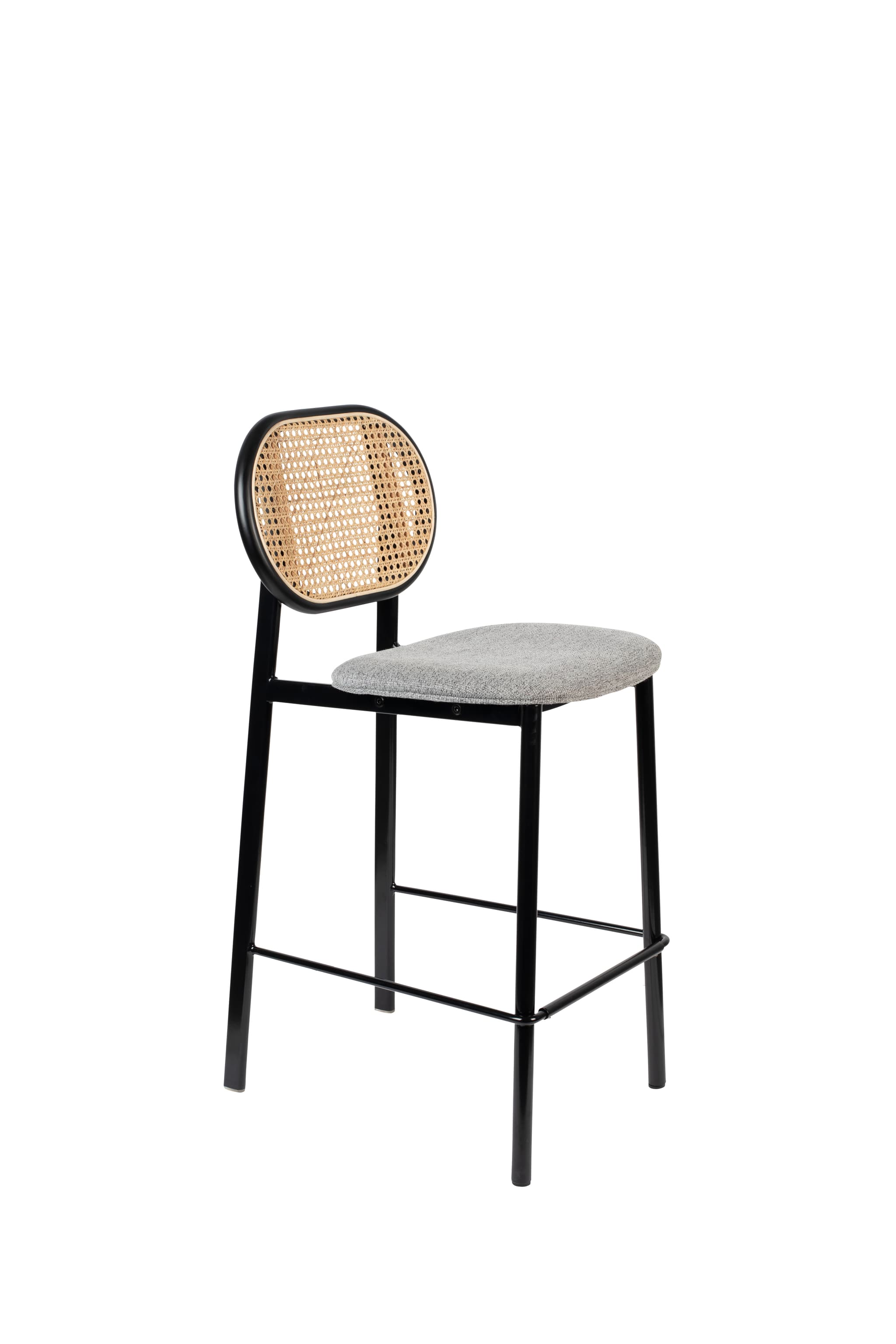 ZUIVER Spike barstol, med ryggstöd och fotstöd - naturlig rotting, grå polyester och svart stål (64,5 cm)
