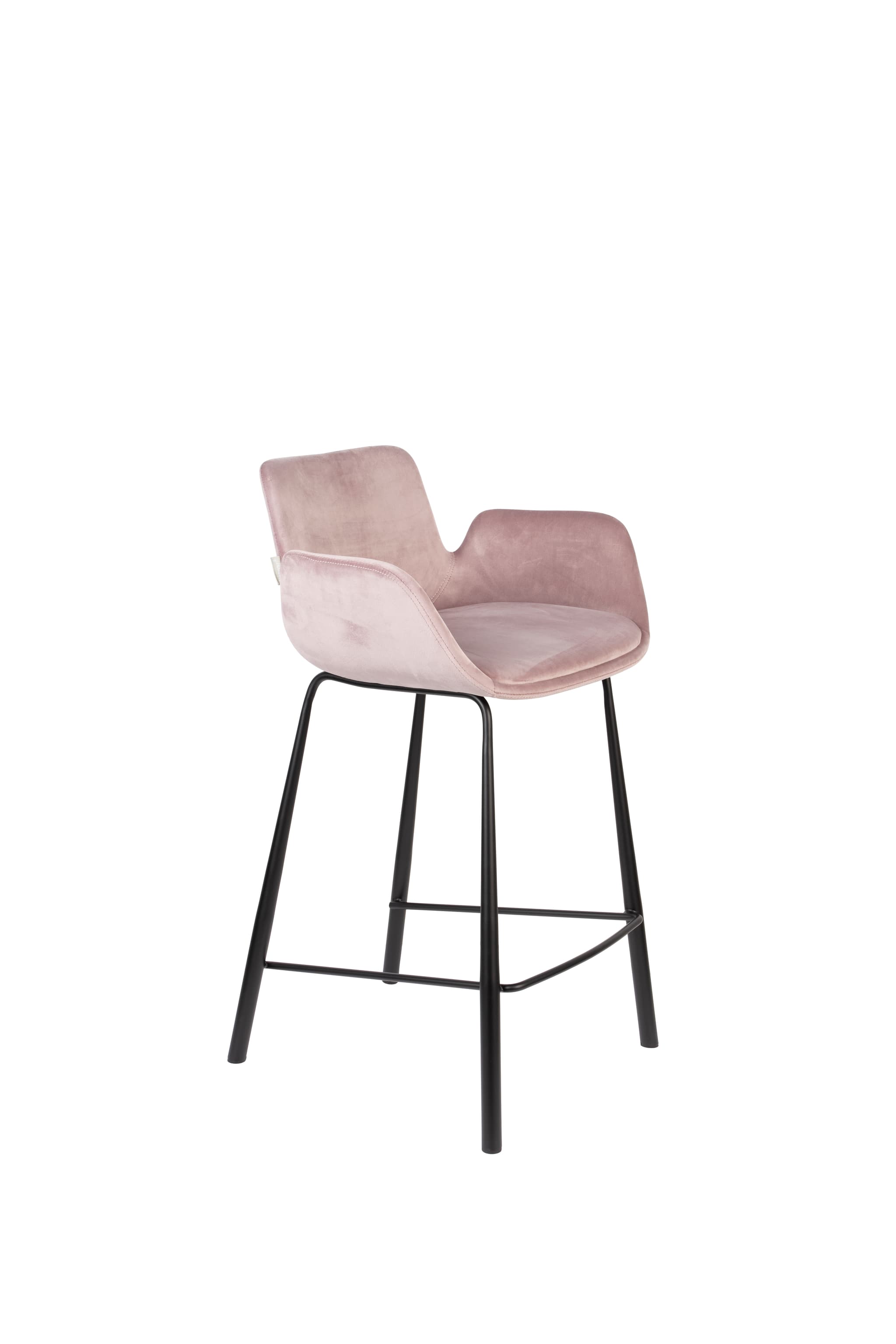 ZUIVER Brit barpall, med ryggstöd, armstöd och fotstöd - rosa polyester och svart stål
