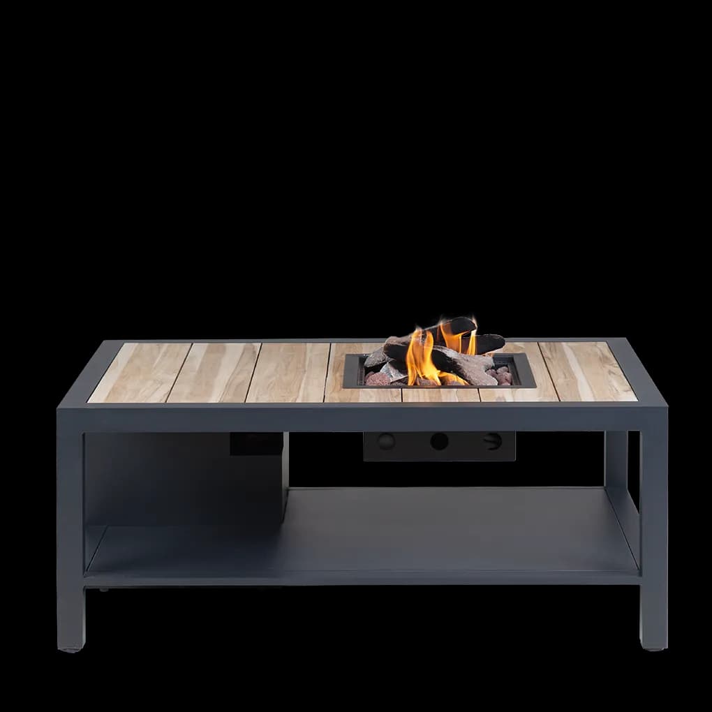 COSI FIRES Cosiflow rakt eldbord, rektangulärt - naturligt teak och antracitgrå aluminium (120x80)