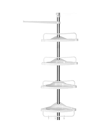 SONGMICS Justerbar hörnhylla för badrummet, teleskopisk duschkabin, 95-300 cm, golv till tak, med ram i rostfritt stål, 4 brickor, 3 krokar, 1 handduksstång, vit och silver BCB02SW