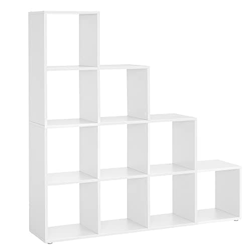 VASAGLE bokhylla, trappuppgång, 10 öppna kuber, displayhylla i trä, fristående hylla, 129,5 x 29 x 129,5 cm, rumsavdelare, vit LBC10WTV1
