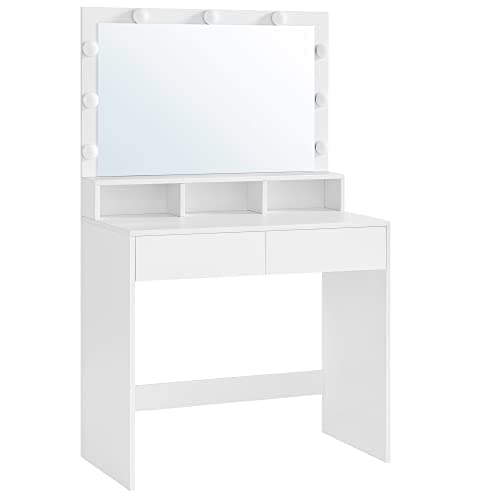 VASAGLE Sminkbord Tvättställ med 9 LED-lampor och spegel Justerbar ljusstyrka 2 lådor och 3 öppna fack Lådor Modern Vit RDT120T10