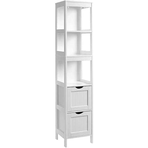 VASAGLE Hochschrank, Badezimmerschrank, Aufbewahrung von Badutensilien, mit 2 Schubladen og 3 offenen Fächern, 30 x 30 x 141,5 cm, Badezimmer, Wohnzimmer, Küche, weiß BBC66WT