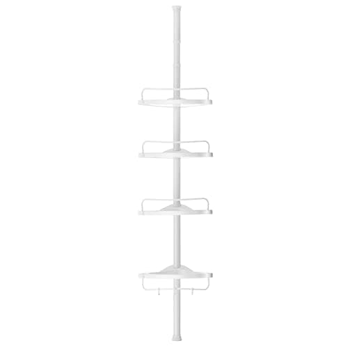 SONGMICS Justerbar hörnhylla för badrum, teleskopisk duschkabin, 85-305 cm, golv till tak, med 4 brickor, 3 krokar, vit BCB001A