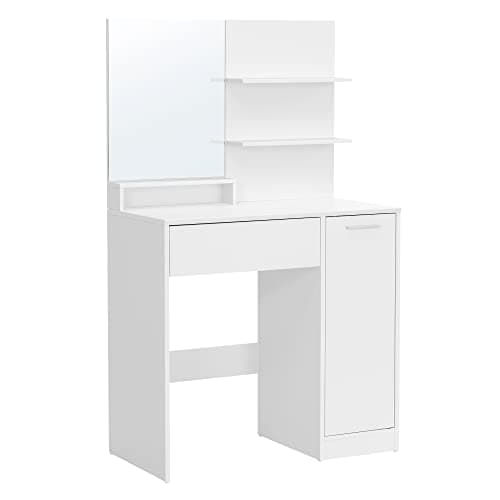 VASAGLE Sminkbord, sminkbord, sminkbord med spegel, 1 låda, 2 hyllor, förvaringsskåp, sminkförvaring, vit RDT119W01