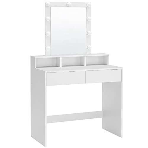 VASAGLE RDT114W01 Sminkbord med spegel och glödlampor, kosmetikbord med 2 lådor och 3 öppna fack, sminkbord, modernt, vitt