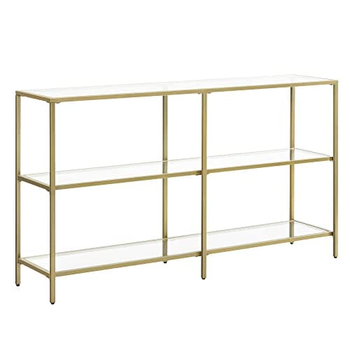 VASAGLE Konsolbord, soffbord med 3 hyllor, hylla i härdat glas, 130 x 30 x 73,3 cm, metallram, modernt, för entré vardagsrum sovrum, guldfärg LGT024A01
