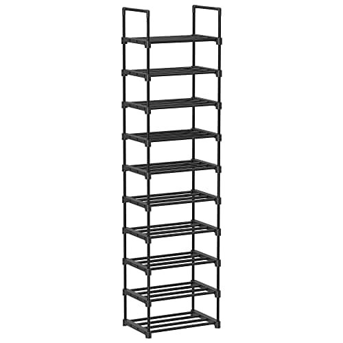 SONGMICS Skohylla, 10-facks skohylla i metall, anpassningsbar design, metallram, platsbesparande hylla, för omklädningsrum, hall, 30 x 45 x 174 cm, svart LSA25BK
