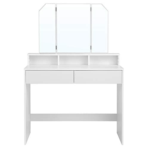 VASAGLE Sminkbord med tredubbla speglar, sminkbord med 2 lådor och 3 öppna fack, tvättställ, modern stil, vit RDT115W01