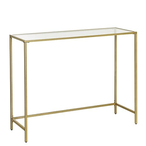 VASAGLE konsolbord, bord i härdat glas, modernt soff- eller hallbord, metallram, robust, justerbara fötter, för vardagsrum, hall, guld LGT26G