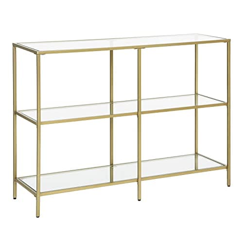 VASAGLE Konsolbord, soffbord med 3 hyllor, hylla i härdat glas, 100 x 30 x 73 cm, metallram, modernt, för entré vardagsrum sovrum, guldfärgad LGT27G