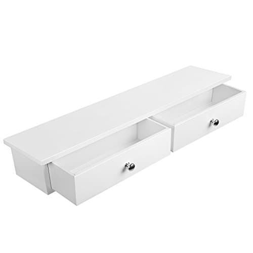 SONGMICS Vägghylla, flytande hylla med 2 lådor, högglansig yta, rymmer upp till 15 kg, 65 x 15 x 10 cm, för hall, vardagsrum, kök, vit LWS65WT