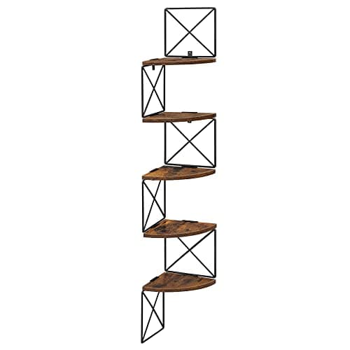 VASAGLE Väggmonterad hörnhylla, flytande hylla i 5 nivåer, bokhylla, för sovrum vardagsrum badrum kök kontor, enkel installation, industriell, rustik brun och svart LLS851B01