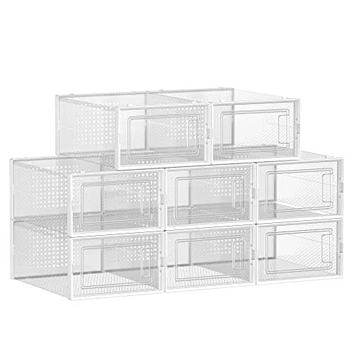 SONGMICS Skokartonger, 8 st, stapelbar skoförvaring, hopfällbar och mångsidig för sneakers, passar upp till storlek 10,5, transparent och vit LSP08SWT