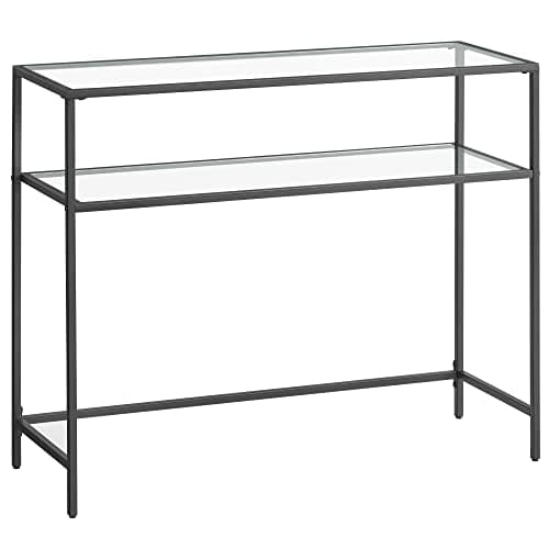 VASAGLE konsolbord, bord i härdat glas, modernt soff- eller hallbord, stålram, 2 hyllor, justerbara fötter, för vardagsrum, hall, svart LGT025B01