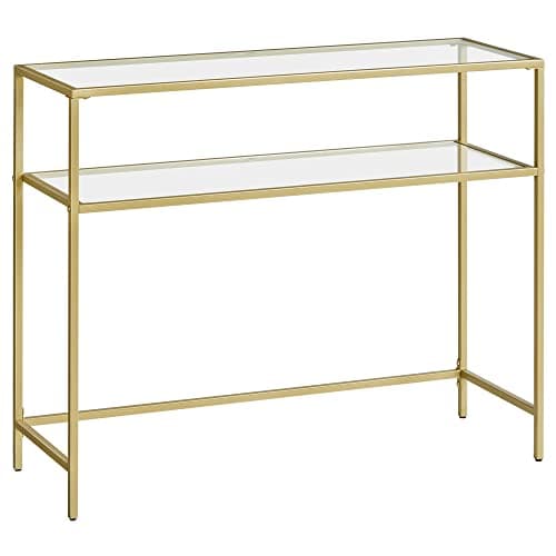 VASAGLE konsolbord, bord i härdat glas, modernt soff- eller hallbord, metallram, 2 hyllor, justerbara fötter, för vardagsrum, hall, guldfärg LGT025A01