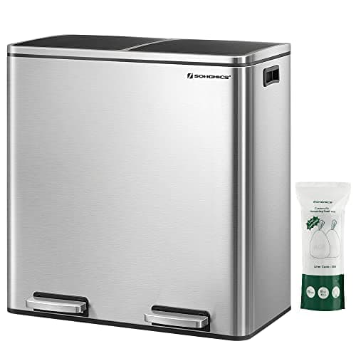 SONGMICS Dubbel soptunna, 2 x 30 L kökstunna med två fack och 15 sopsäckar, pedaltunna i metall med plasthinkar inuti och lock, mjukstängande, lukttätning, silver och svart LTB60NL