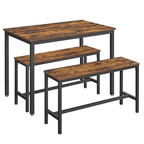 VASAGLE matbord med 2 bänkar, 3-delad uppsättning, köksbord 110 x 70 x 75 cm, 2 bänkar vardera 97 x 30 x 50 cm, stålram, industriell design, rustik brun och svart KDT070B01