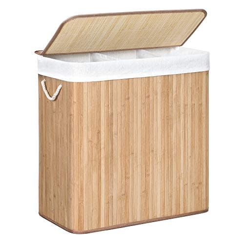 SONGMICS Tvättkorg med 3 sektioner, lock och handtag med clips, 150L hopfällbar, för tvättstuga, sovrum, badrum, naturlig LCB091N01