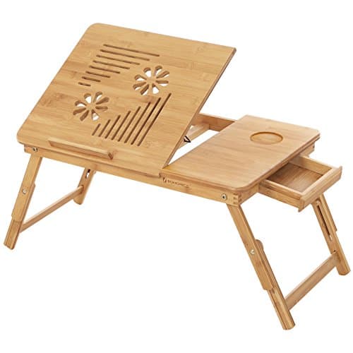 SONGMICS Laptopbord i bambu, hopfällbart sängbord, höjdjusterbart soffbord, med 5 lutningsvinklar, lufthål, liten låda, 55 x 35 x (21 - 29) cm LLD002