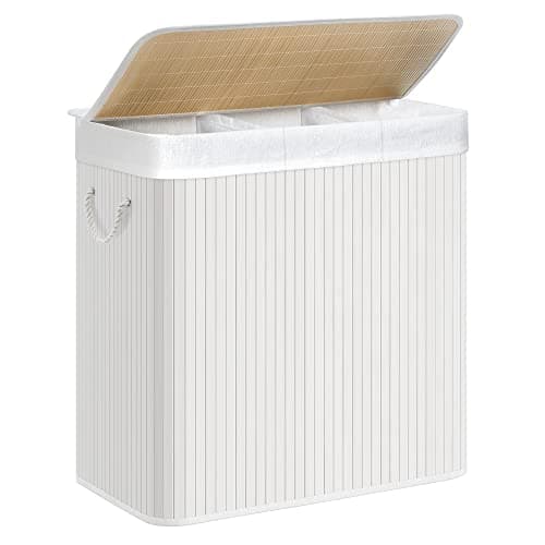 SONGMICS Tvättkorg med 3 sektioner, lock och handtag med clips, 150L hopfällbar, för tvättstuga, sovrum, badrum, vit LCB091W01