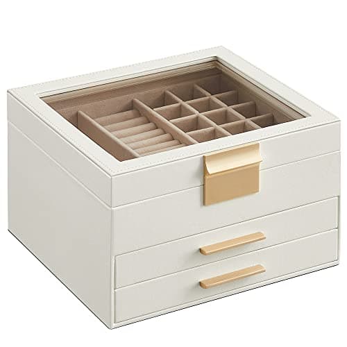 SONGMICS smyckeskrin med glaslock, 3-facks smyckeskrin med 2 lådor, förvaring av smycken, gott om förvaringsutrymme, modern stil, gåva till nära och kära, molnvitt och guld JBC239WT