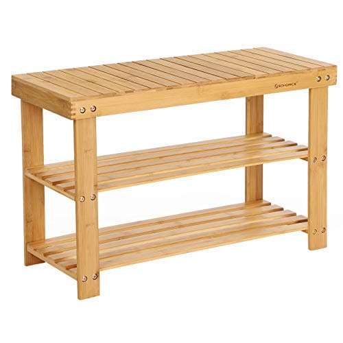 SONGMICS 3-lagers skobänk i bambu, skohylla, 70 x 28 x 45 cm, perfekt för hall, badrum, vardagsrum och korridor LBS04N
