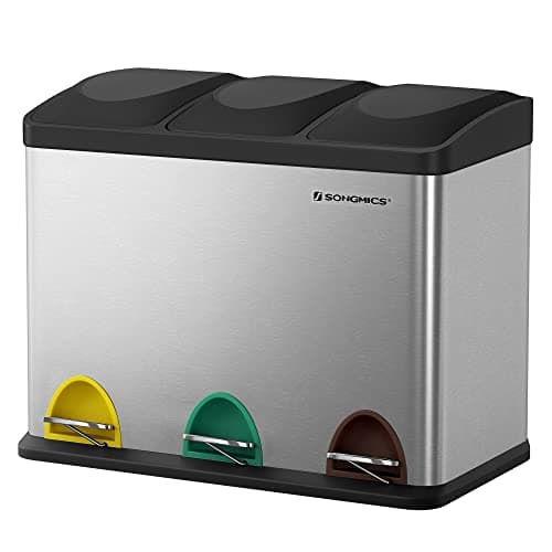 SONGMICS återvinningstunna, pedaltunna, 45-liters metallavfallstunna, avfallssorteringssystem avfallstunna för kök, hållbar, 3 x 15 liter, rostfritt stål, silver och svart LTB45L