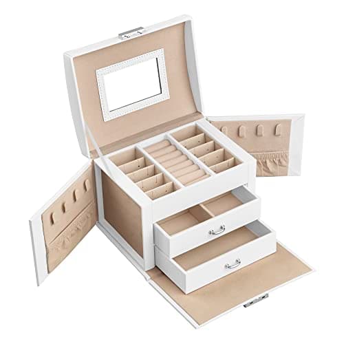 SONGMICS 3-facks smyckeskrin, resesmyckeskrin med handtag, 2 lådor, låsbar smyckesbehållare med spegel, smyckesförvaring, modern stil, present till nära och kära, vit JBC154W01