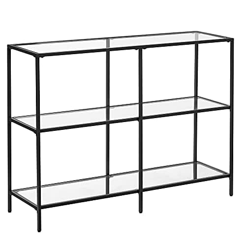 VASAGLE Konsolbord, soffbord med 3 hyllor, hylla i härdat glas, 30 x 100 x 73 cm, stålram, modernt, för entré Vardagsrum Sovrum, svart LGT027B01