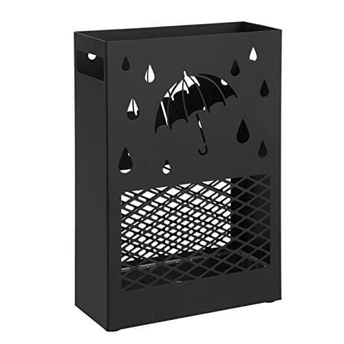 SONGMICS Paraplyställ rektangulärt paraplyställ i metall med avtagbar droppbricka, 4 krokar, utskuren design, för hall och kontor, svart LUC004B01