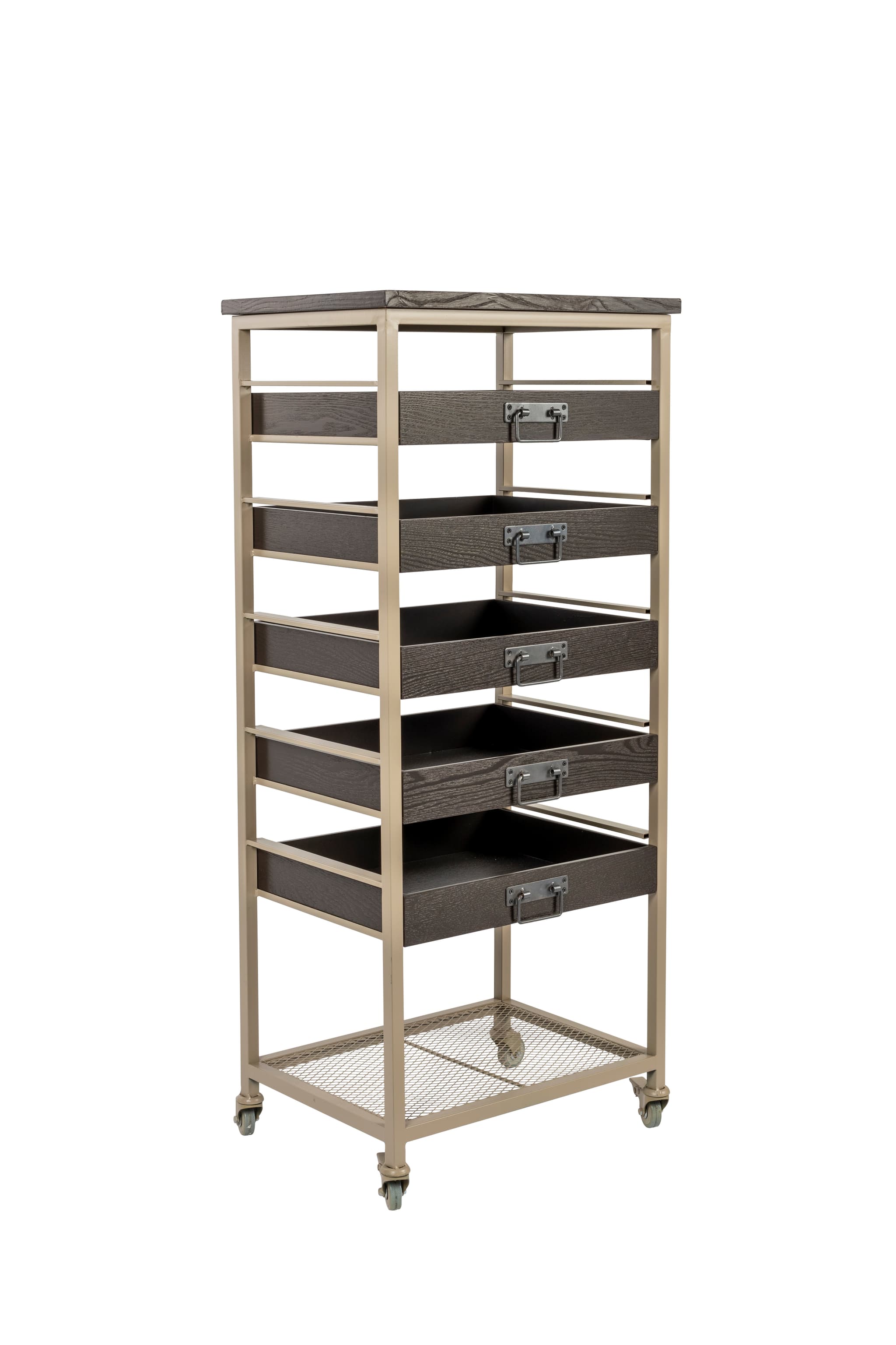 WHITE LABEL LIVING Botan S bokhylla, med 5 lådor och hjul - mörkbrun MDF och sandfärgad metall