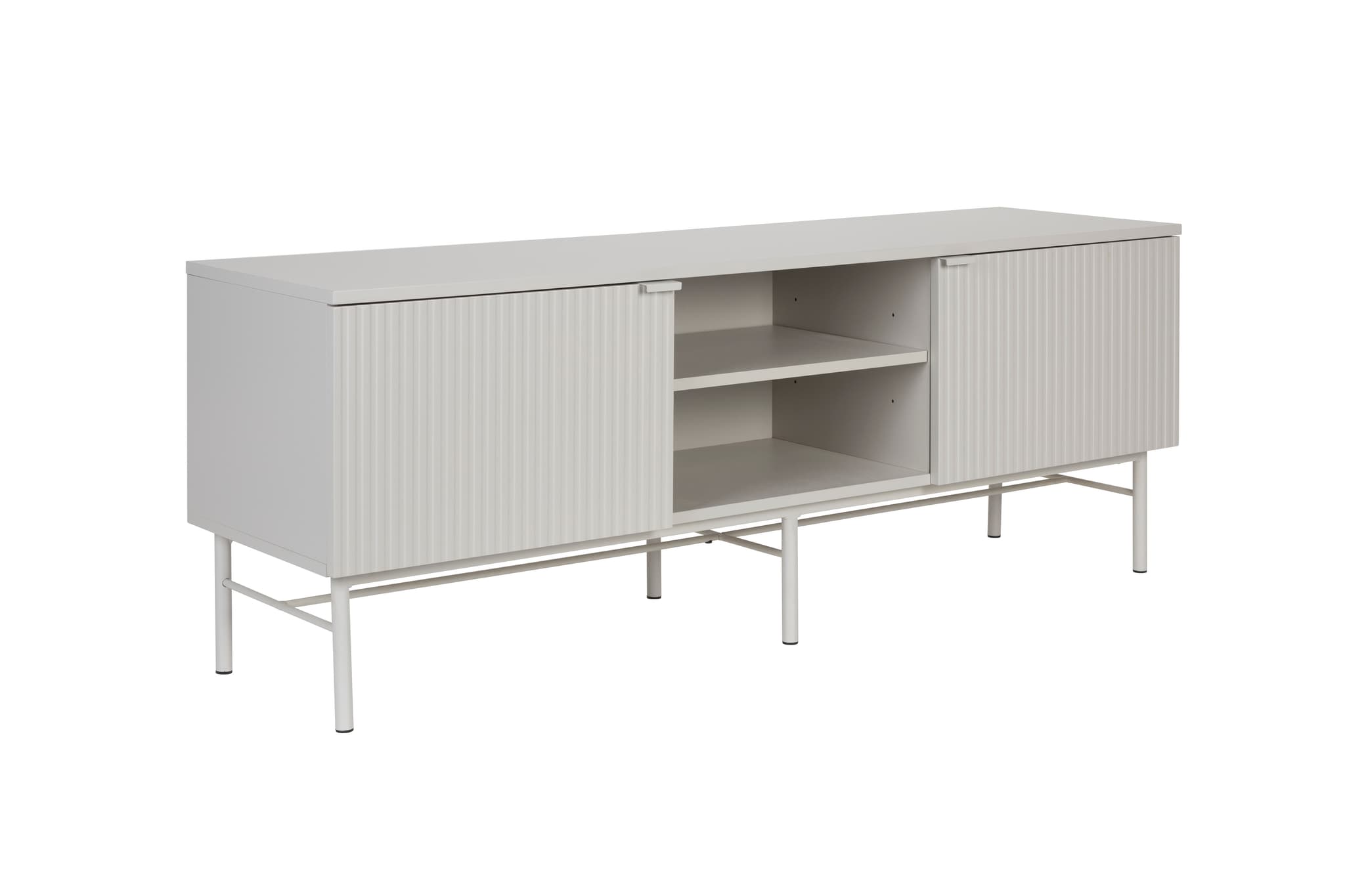 WHITE LABEL LIVING Cayo lågt TV-bord, med 2 dörrar och 3 hyllor - vit MDF och vitt järn (155x40)