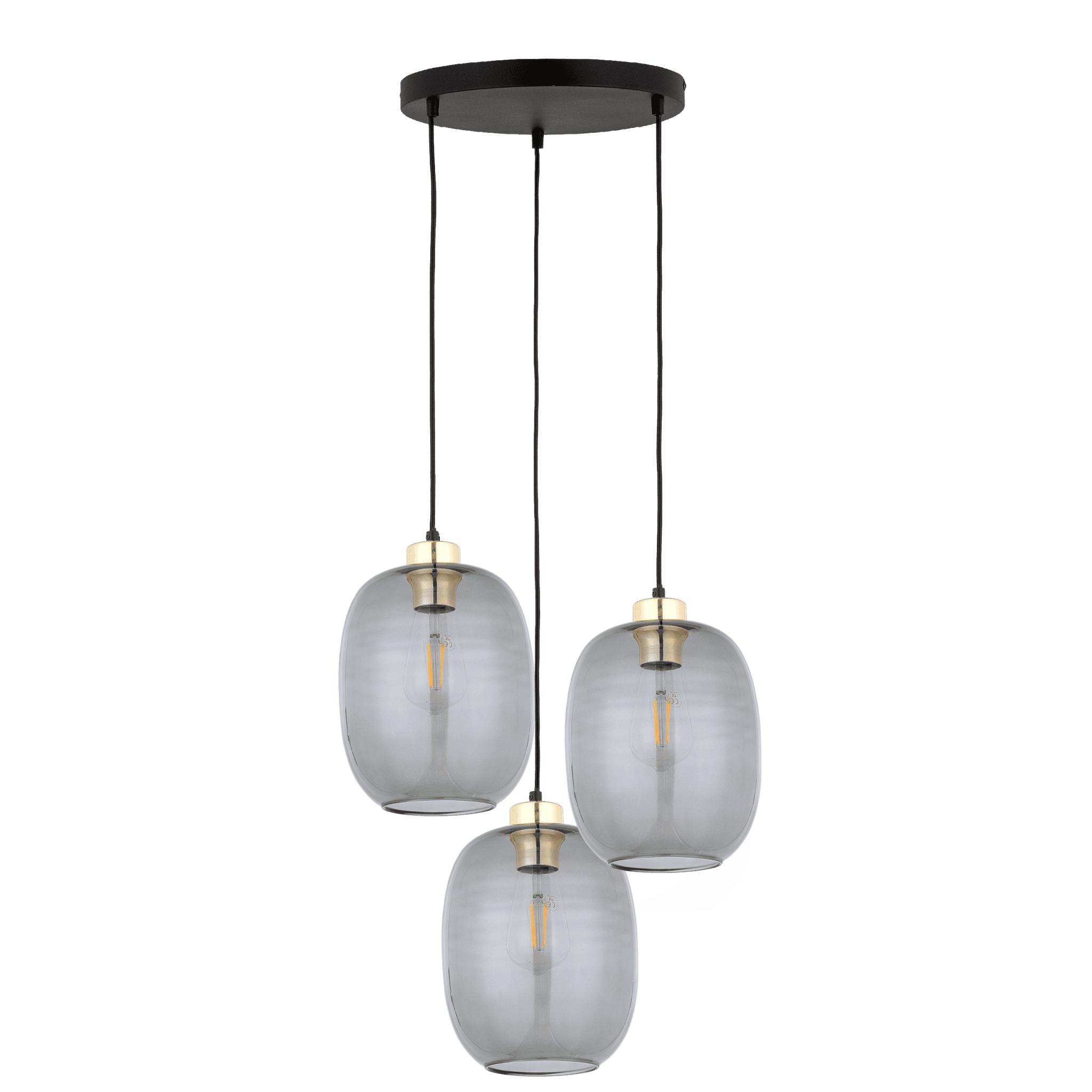TK Delta taklampa, w. 3 skärmar - glas, guld och svart metall