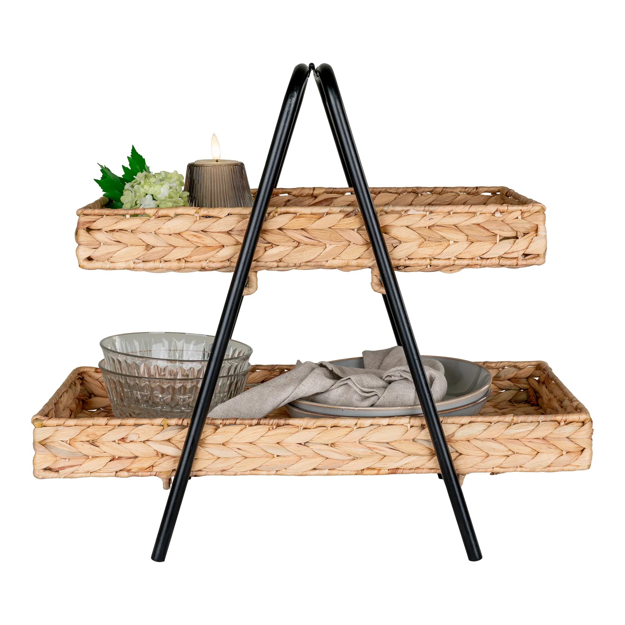 Bricka i vattenhyacint och metall, natur/svart, 42x23x43,5 cm