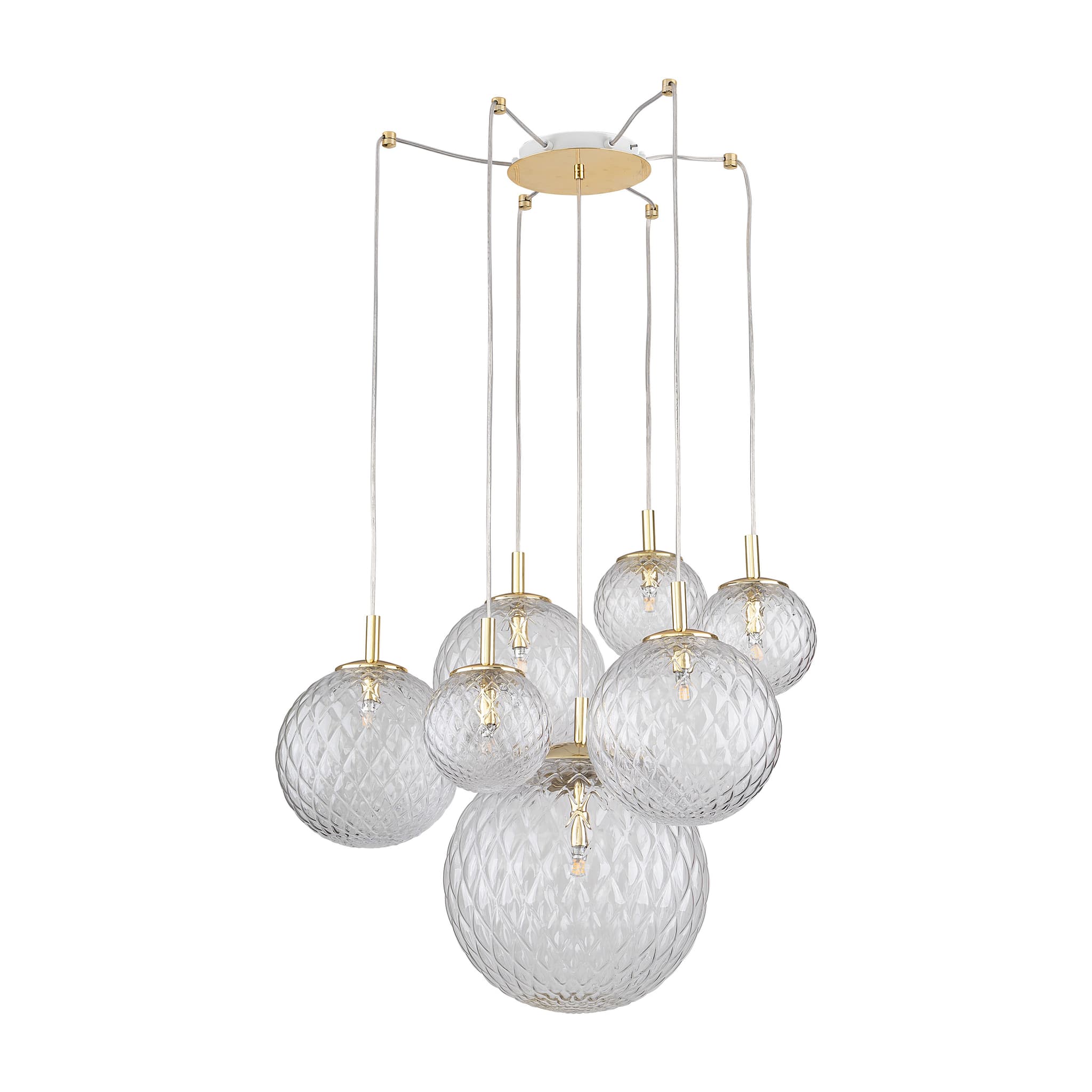 TK Cadix taklampa, w. 7 skärmar - glas och guldstål