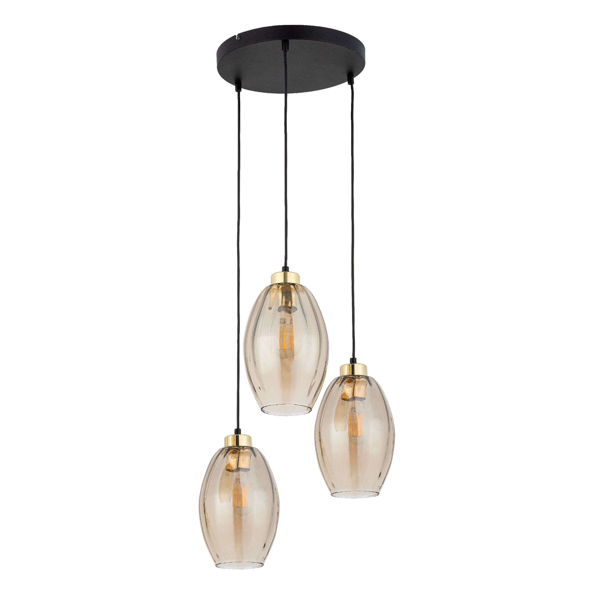 TK Sebo taklampa, w. 3 skärmar - glas och svart metall