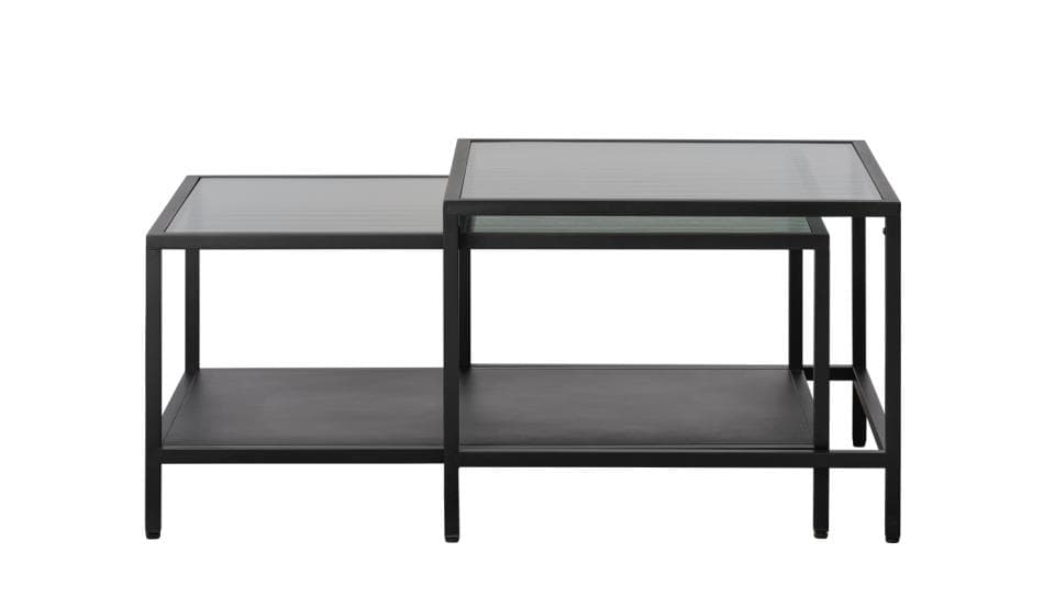Bronco Nest soffbord, m. 1 hylla - räfflat glas och svart metall (60-90x60-45)