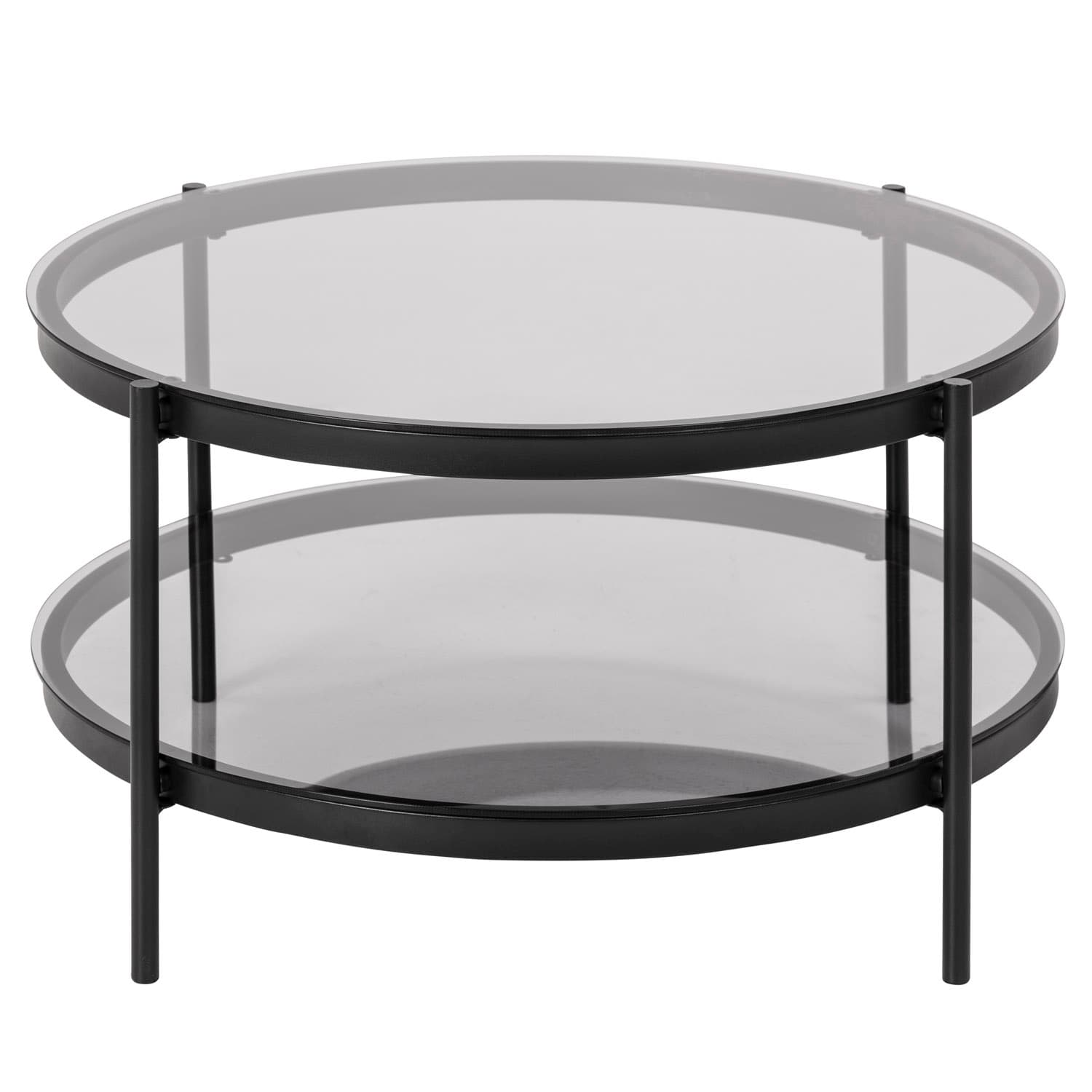 ACT NORDIC Bayonne Runt Soffbord, med Hylla - Rökfärgat Glas och Svart Metall (Ø 75 cm)