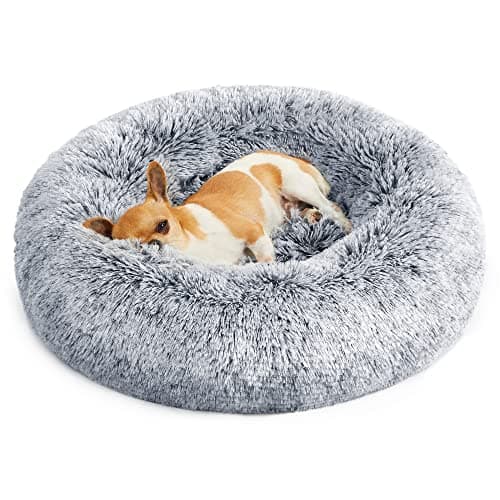 FEANDREA Hundbädd, Donut kattbädd, fluffig lugnande bädd för husdjur med avtagbart, tvättbart överdrag, mjuk lång plysch, 60 cm, grå