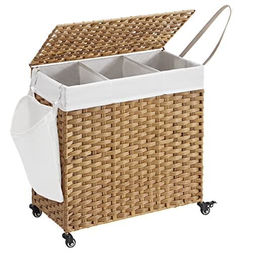 SONGMICS Tvättkorg, handvävd tvättkorg, 140L Tvättkorg i rottingstil med 3 fack, avtagbart foder, handtag, lock, vardagsrum, badrum, 66 x 33 x 60 cm, naturlig LCB363N01